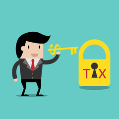 vector business finance. Tax Deduction for investment concept,cartoon businessman with key in his hand to un lock. cartoon vector illustration for business design