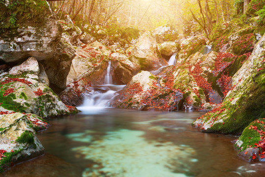 Beautiful mountain stream in the Lepena valley at autumn in Slovenia