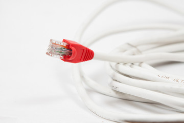 Close up of network cable and plugs on white background