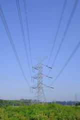 Electric pole on a green field and blue sky . Country landscape side road