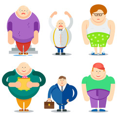 Funny fat man cartoon characters. Tired, angry, eating, business working, undressed fatty male vector illustrations isolated on white background. Unhealthy lifestyle and overweight concept