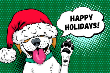 Wow pop art dog face. Funny surprised dog in Santa Claus hat with open mouth rises his paw up and Happy Holidays speech bubble. Vector Christmas illustration in retro comic style. New Year background.
