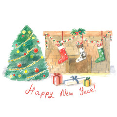 Watercolor card -Happy new year with Christmas tree and presents.