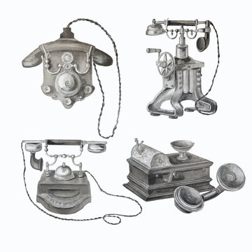 Watercolor old telephones with grey color on white.