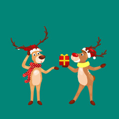 christmas set of deer with banner isolated, happy winter xmas holiday animal greeting card, santa helper reindeer vector illustration