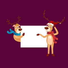 christmas set of deer with banner isolated, happy winter xmas holiday animal greeting card, santa helper reindeer vector illustration