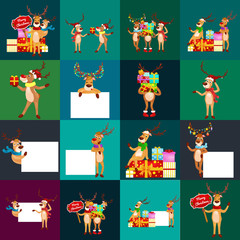 christmas set of deer with banner isolated, happy winter xmas holiday animal greeting card, santa helper reindeer vector illustration