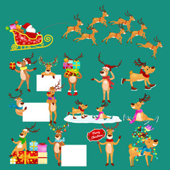 christmas set of deer with banner isolated, happy winter xmas holiday animal greeting card, santa helper reindeer vector illustration, Santa in his Christmas sled being pulled by reindeer