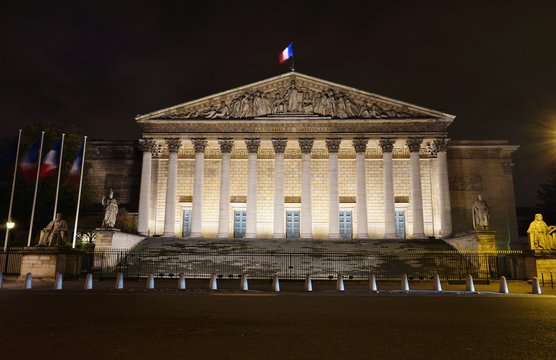 Night View Of The French Parliament Assemblee Nationale (Palais Bourbon) In Paris