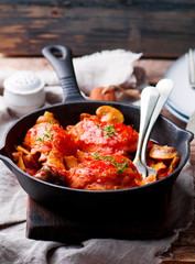 Marengo chicken in a frying pan. . selective focus