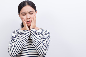 Woman has tooth ache isolated on white background