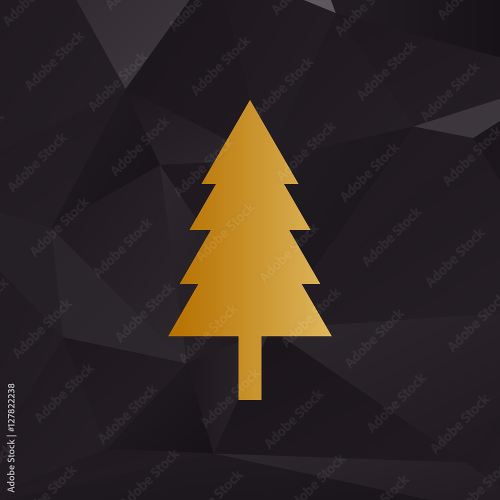 Poster new year tree sign. golden style on background with polygons.