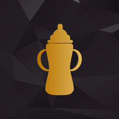 Baby bottle sign. Golden style on background with polygons.