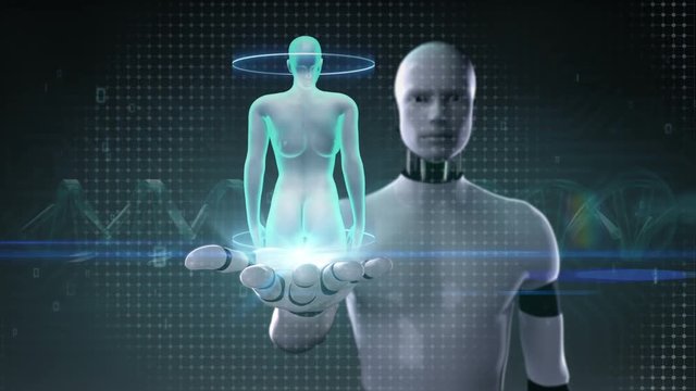 Robot, cyborg open palm, Zooming female Human body scanning internal organs, Digestion system.Blue X-ray light.