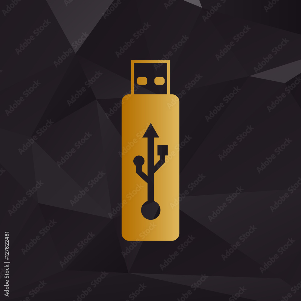 Poster vector usb flash drive sign. golden style on background with polygons.
