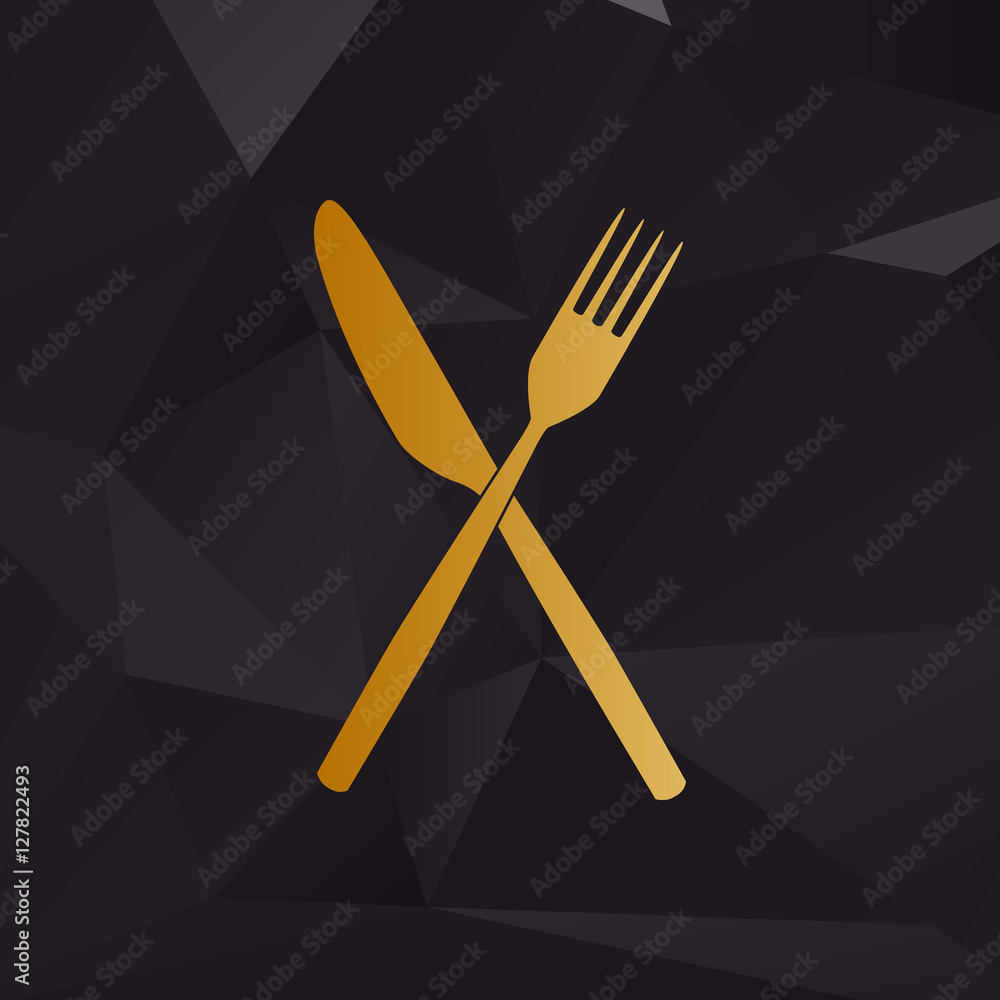 Poster fork and knife sign. golden style on background with polygons.