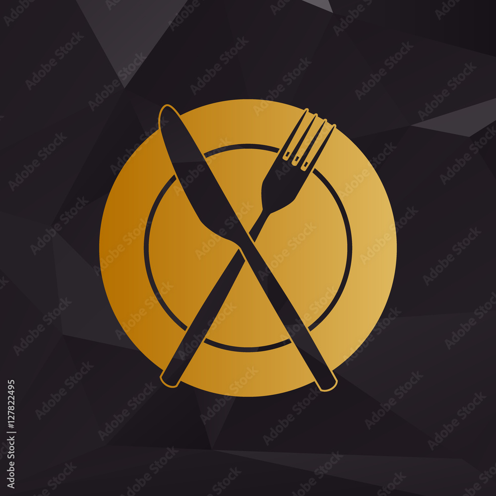 Poster fork, tape and knife sign. golden style on background with polygons.