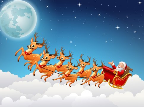 Santa Claus rides reindeer sleigh flying in the sky
