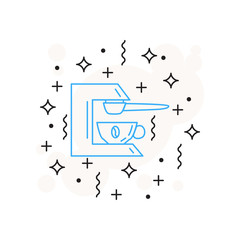 Separate coffee icon - coffee machine is drawn in a linear style isolated on white background with stars, lines, circles.