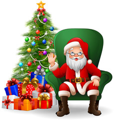 Cartoon Santa Claus sitting on green arm chair

