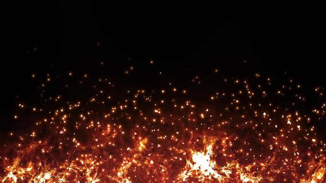 Seamless animation of abstract fire flame burning. Fire and ash flying the sky from hot burning flame. Sparking firefly pattern in black background in 4k fire concept.