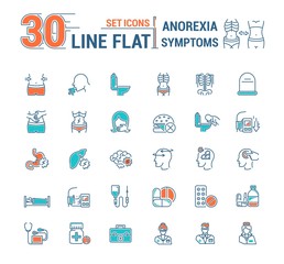Vector set graphic logo, icon. Anorexy. Concept psychological disease. Vomitig, weight loss. Symptoms, disorder. Linear, flat, contour, thin. App, template, infographic. Symbol, element, emblem.