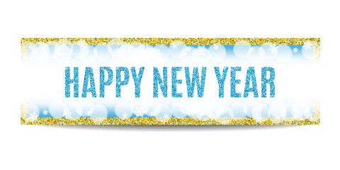 Happy New Year 2017 banner. Blue background with bokeh, snow, fog and snowflakes. Golden frame. Glitter sequins. Flyer and coupon design template. Vector EPS10 illustration.