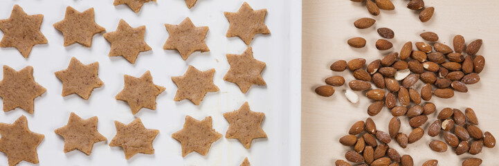 Backblech mit Teig in Sternform, Mandeln, Weihnachtsplätzchen