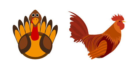 Turkey bird and Rooster. Silhouette of cock. Vector element for banners. Vector illustration