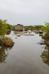 Simple reed mat homes of poor fishermen in wetlands of Benin - obrazy, fototapety, plakaty