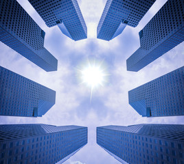 Fototapeta na wymiar abstract building perspective and blue sky with sunny - can use to display or montage on product