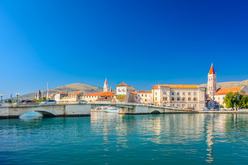 Fototapeta na wymiar Waterfront coastal town Trogir. / Waterfront view at coastal town Trogir, famous touristic and historic place in Croatia, Europe.