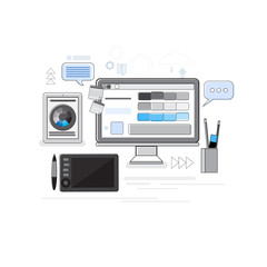 Creative Process Digital Icon Designer Professional Desktop Tablet Thin Line Vector Illustration
