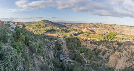 Fototapeta na wymiar Waterfall panorama view from the town Chella Valencia Spain Canal de Navarres