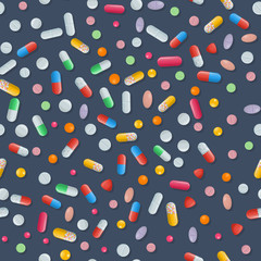 Vector medical seamless pattern with color capsule and dragee, caplet and tablet on white background. Pharmaceutical pills, painkiller and antibiotics. Medicine illustration of medicament drugs.