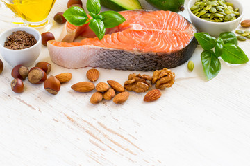 Set of food with high content of healthy fats and omega 3