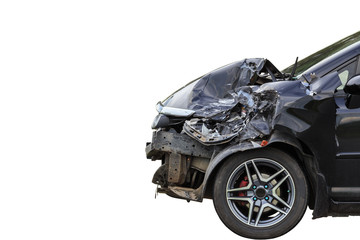 Front of black car get damaged by accident on the road. Isolated