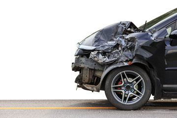 Front of black car get damaged by accident on the road. Isolated