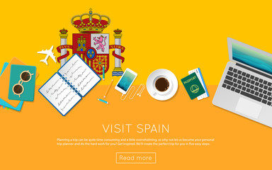 Visit Spain concept for your web banner or print materials. Top view of a laptop, sunglasses and coffee cup on Spain national flag. Flat style travel planninng website header.