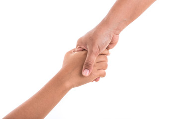 Two hands holding together. Help or support concept. Isolated on