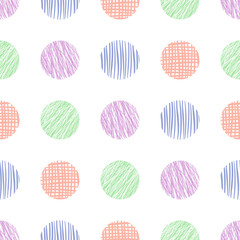 Seamless vector  geometrical pattern with circles. Colorful pastel endless background with  hand drawn textured geometric figures. Graphic vector illustration