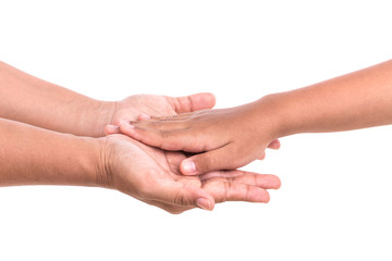 Mother holding her daughter hand. Help or support concept. Isola