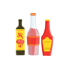 Set Of Three Industrial Sauces In Plastic Bottles Including Asian Soy, Spicy And Ketchup