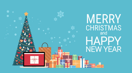 Christmas Green Tree With Gift Box Laptop Computer Happy New Year Merry Christmas Banner Flat Vector Illustration