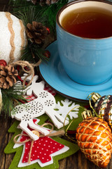 Christmas toys and a mug of tea