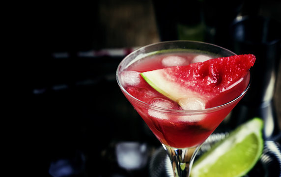 Alcoholic cocktail with watermelon, vodka, ginger ale and ice, s