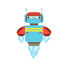 Blue And Red Friendly Android Robot Character Floating Mid Air Vector Cartoon Illustration