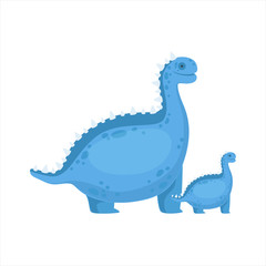 Chubby Blue Iguanodon Dinosaur Prehistoric Monster Couple Of Similar Specimen Big And Small Cartoon Vector Illustration