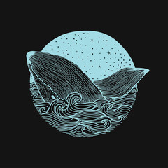 Obraz premium Wieloryb wyskakujący z fal na nocnym gwiaździstym niebie i zwijane fale tło z elementami zentangle doodle, projekt druku odzieży, karty, zaproszenia, druk okładki. Na białym tle