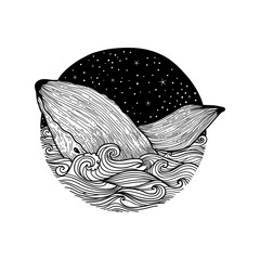 Whale jumping out of the waves on a night starry sky and curl waves background with doodle zentangle elements, design for clothing print, cards,invitations, printing cover.isolated on white background